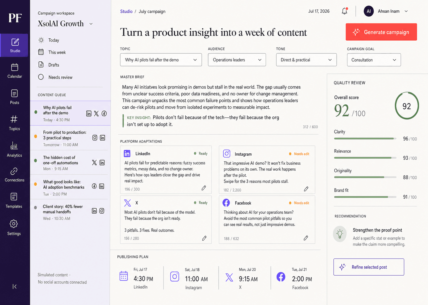 PostForge AI content studio with social adaptations and quality review